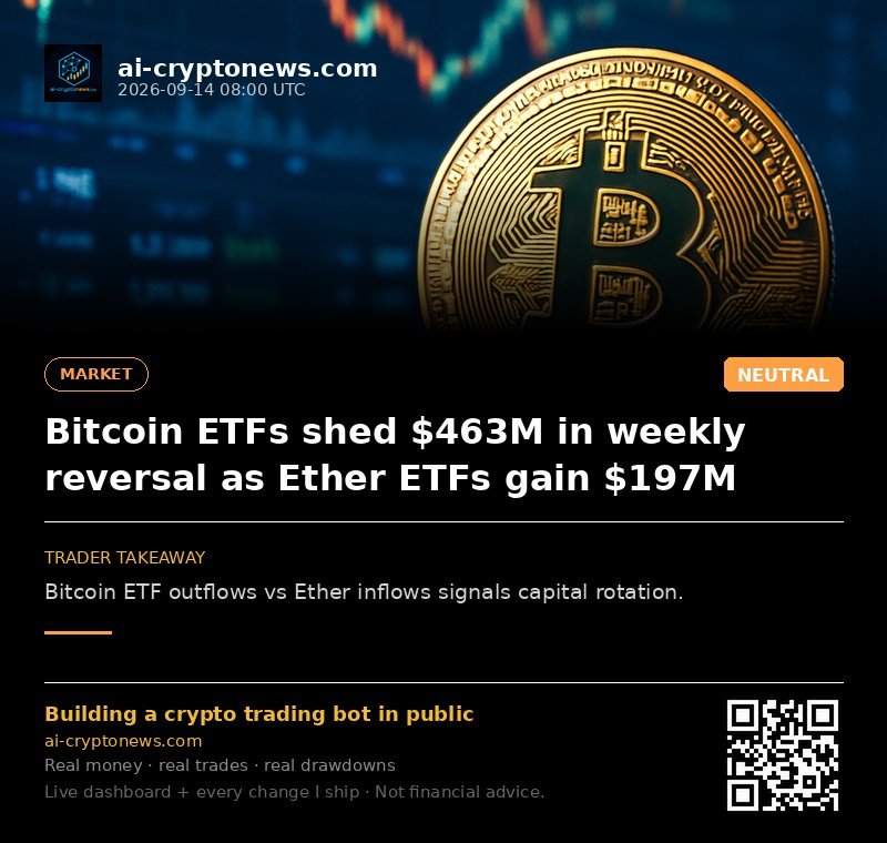 Bitcoin ETFs shed $463M in weekly reversal as Ether ETFs gain $197M