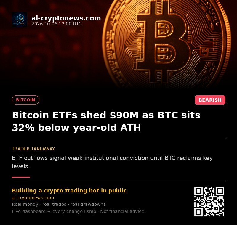 Bitcoin ETFs shed $90M as BTC sits 32% below year-old ATH