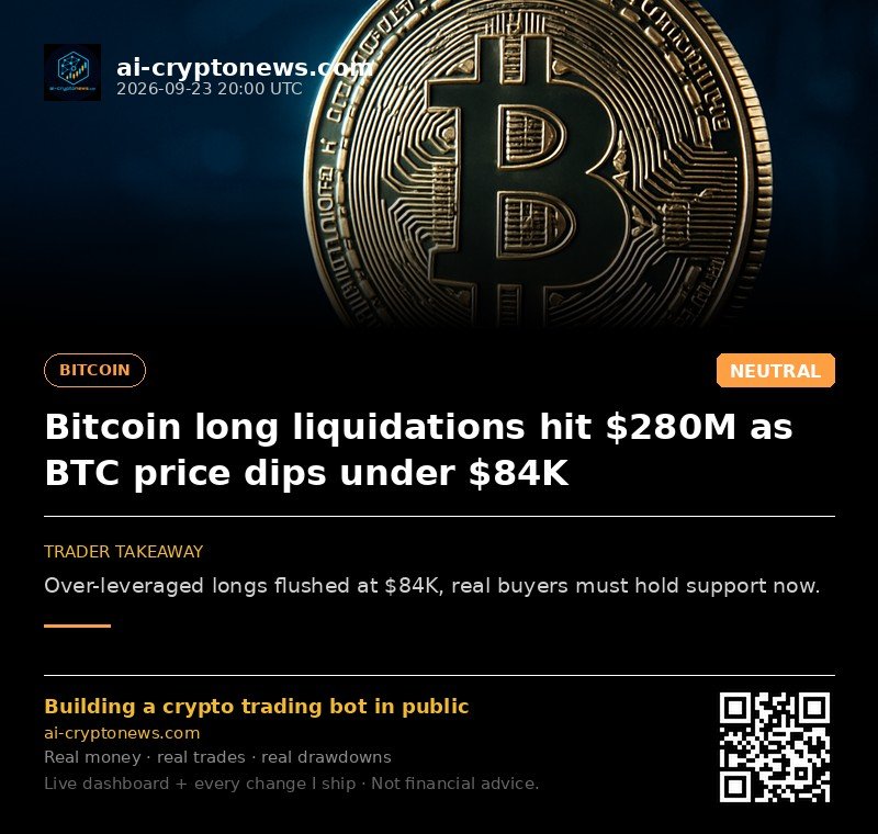 Bitcoin long liquidations hit $280M as BTC price dips under $84K