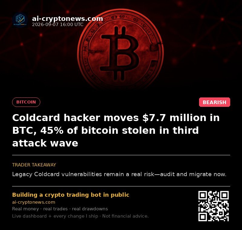 Coldcard hacker moves $7.7 million in BTC, 45% of bitcoin stolen in third attack wave