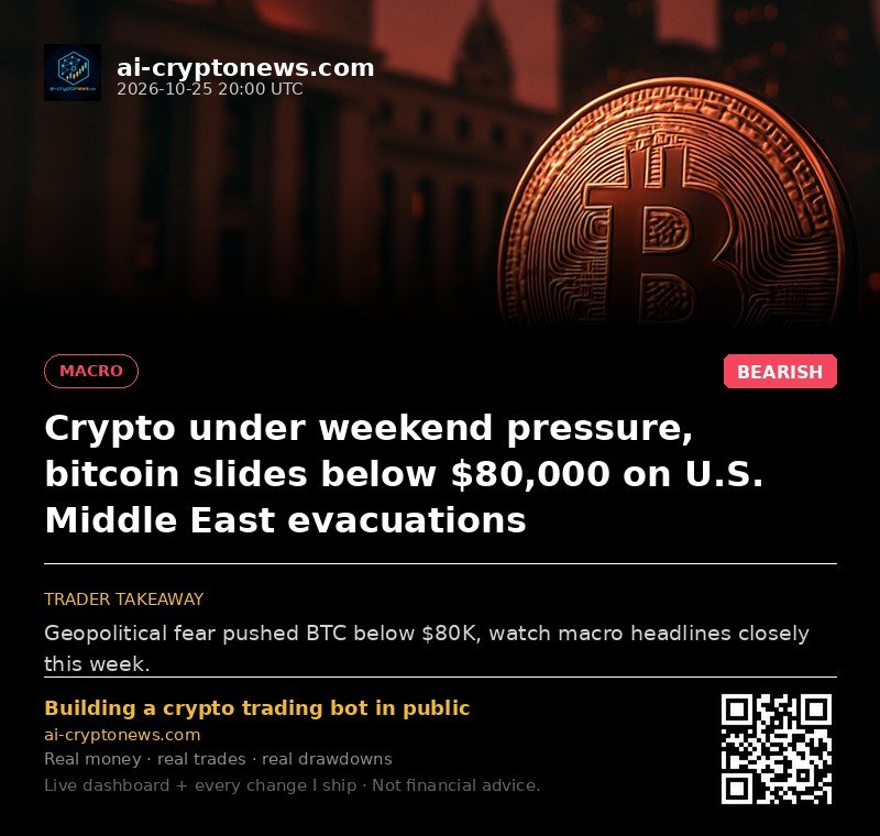 Crypto under weekend pressure, bitcoin slides below $80,000 on U.S. Middle East evacuations
