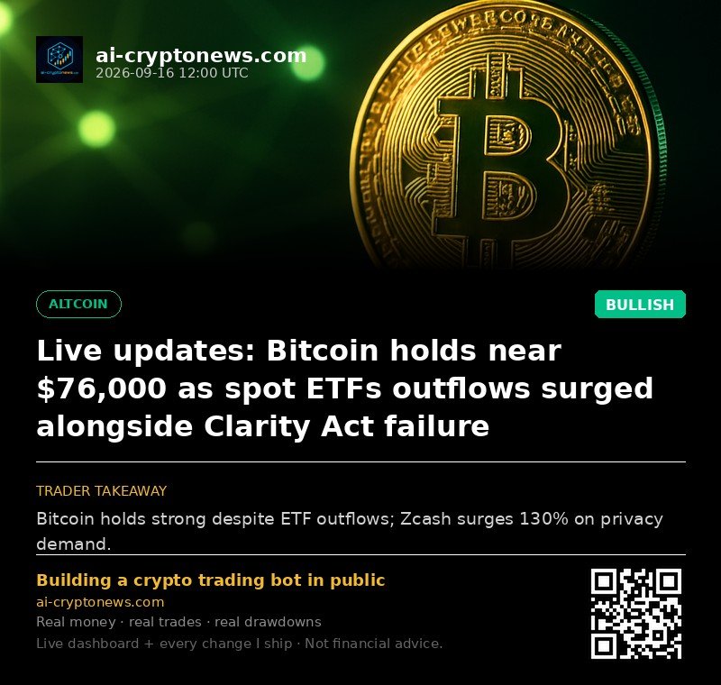 Live updates: Bitcoin holds near $76,000 as spot ETFs outflows surged alongside Clarity Act failure